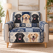 Labrador Heritage Patchwork Sofa Cover, Navy and Cream on a beige armchair, size-adapted AI-generated concept mockup