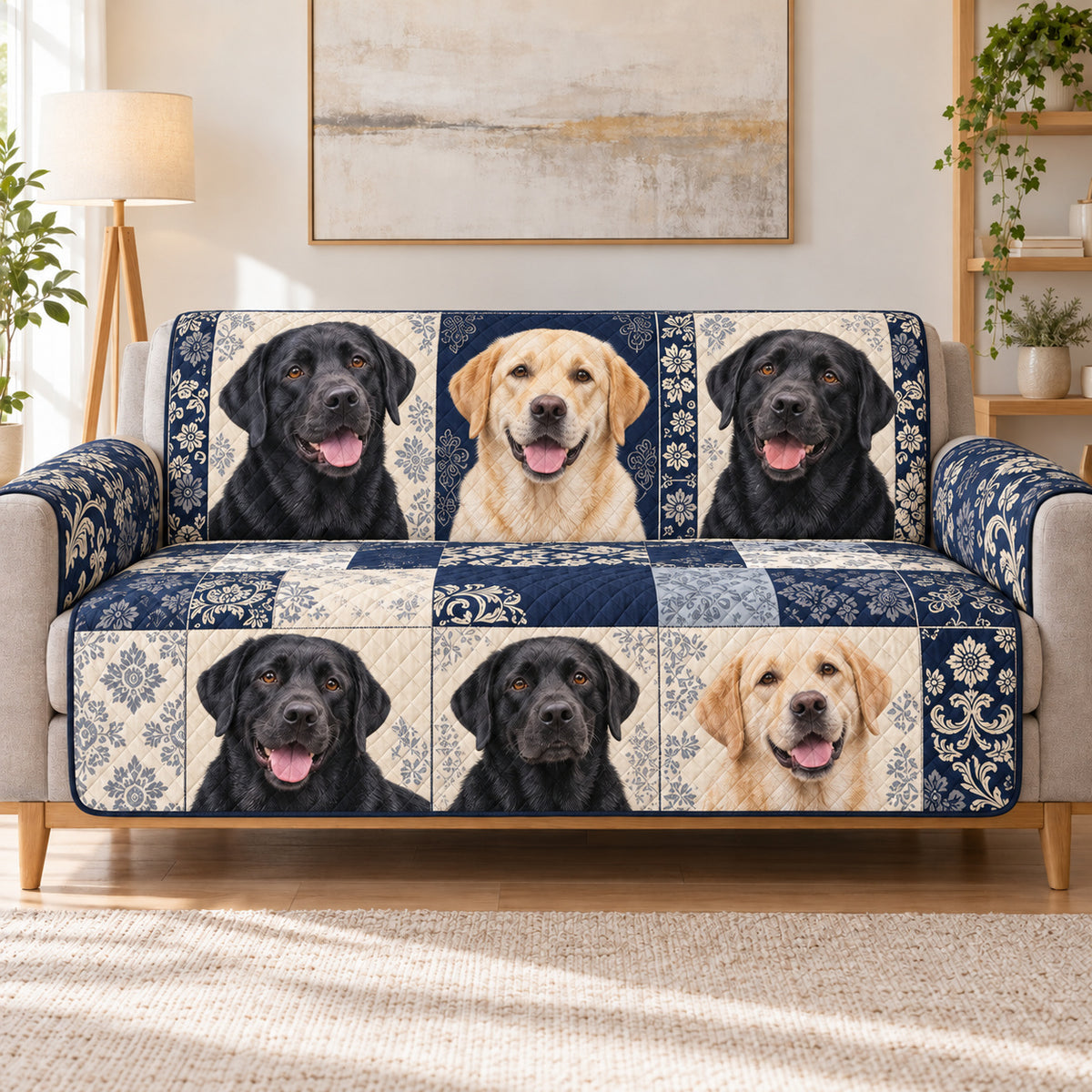 Labrador Heritage Patchwork Sofa Cover, Navy and Cream on a beige sofa, AI-generated concept mockup