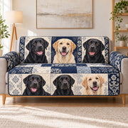 Labrador Heritage Patchwork Sofa Cover, Navy and Cream on a beige sofa, AI-generated concept mockup