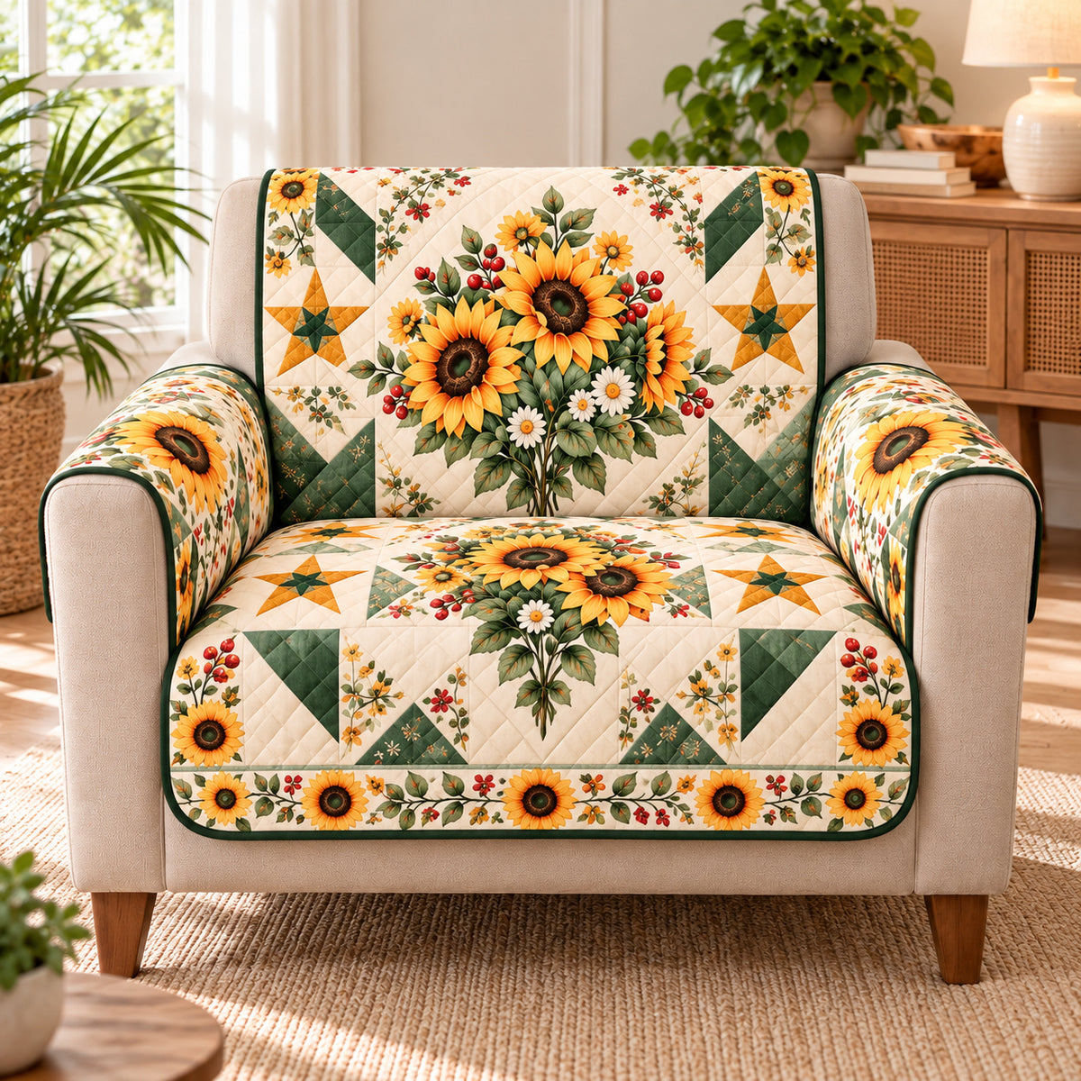 Sunflower Cream Star Patchwork Sofa Cover on a beige armchair, size-adapted AI-generated concept mockup
