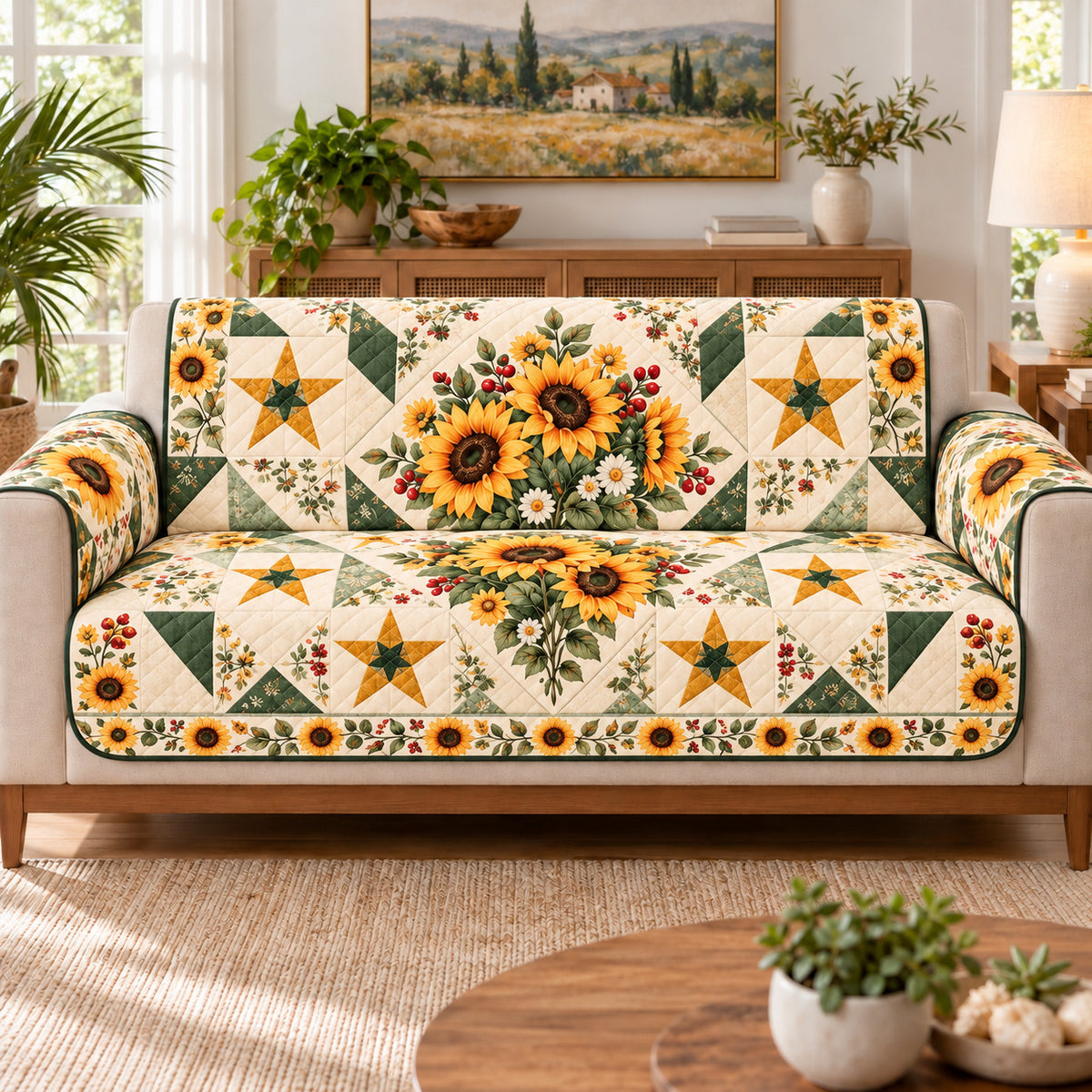 Sunflower Cream Star Patchwork Sofa Cover on a beige sofa, AI-generated concept mockup
