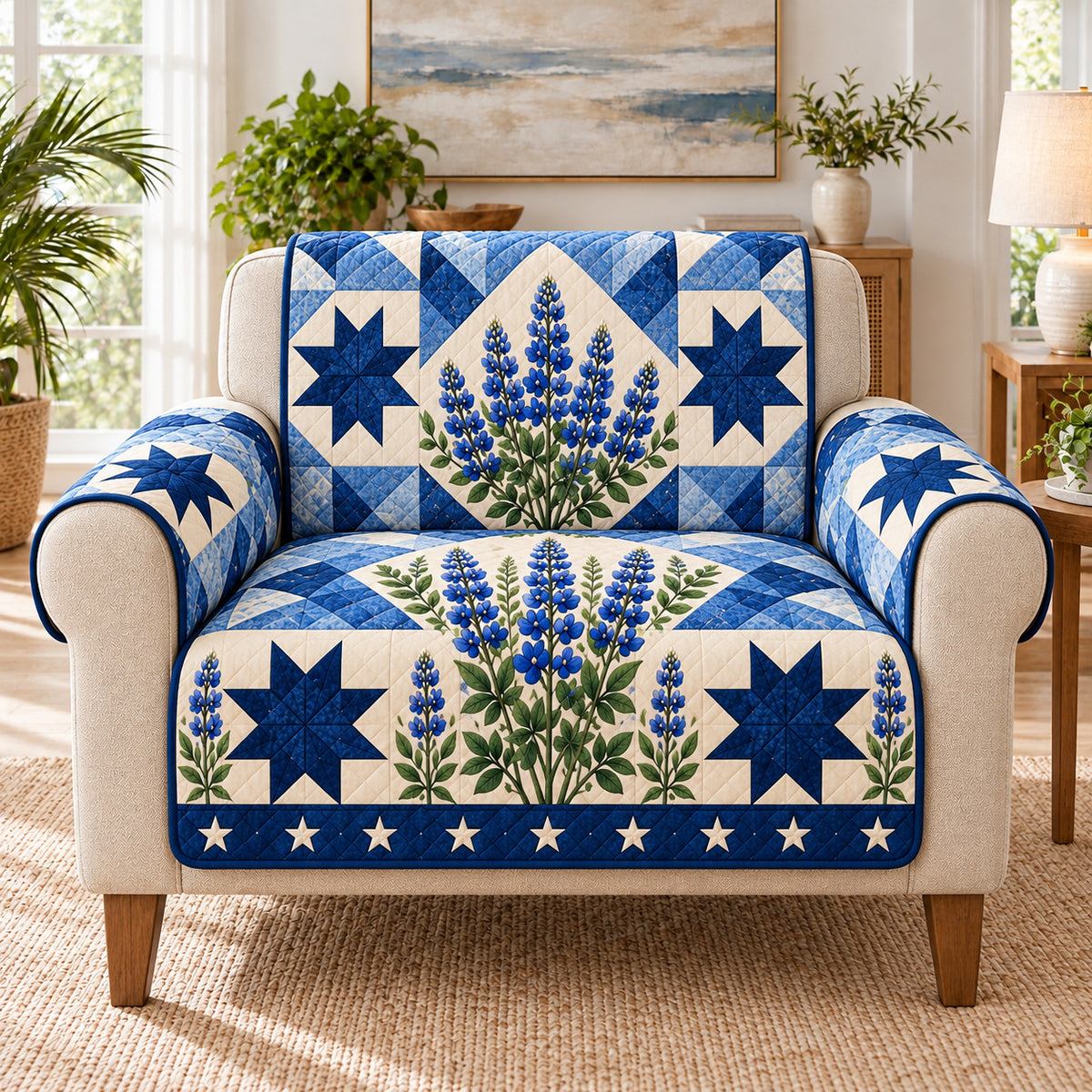Bluebonnet Country Star Sofa Cover on a beige armchair, size-adapted AI-generated concept mockup