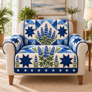 Bluebonnet Country Star Sofa Cover on a beige armchair, size-adapted AI-generated concept mockup
