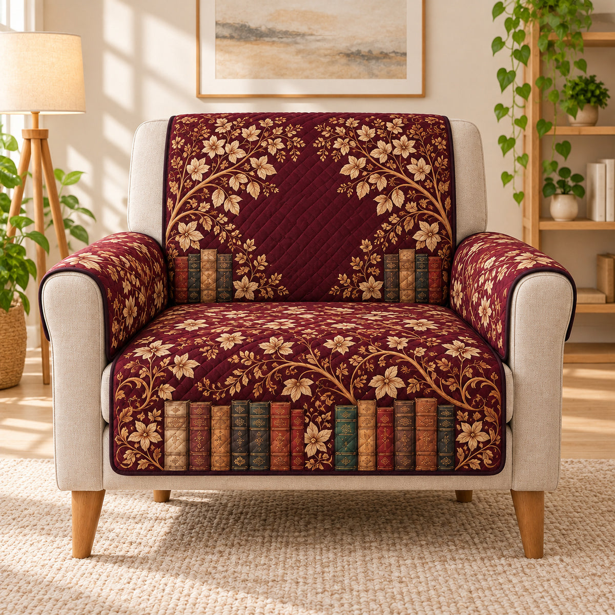 Bookish Botanical Sofa Cover, Burgundy Library Decor on a beige armchair, size-adapted AI-generated concept mockup