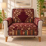Bookish Botanical Sofa Cover, Burgundy Library Decor on a beige armchair, size-adapted AI-generated concept mockup