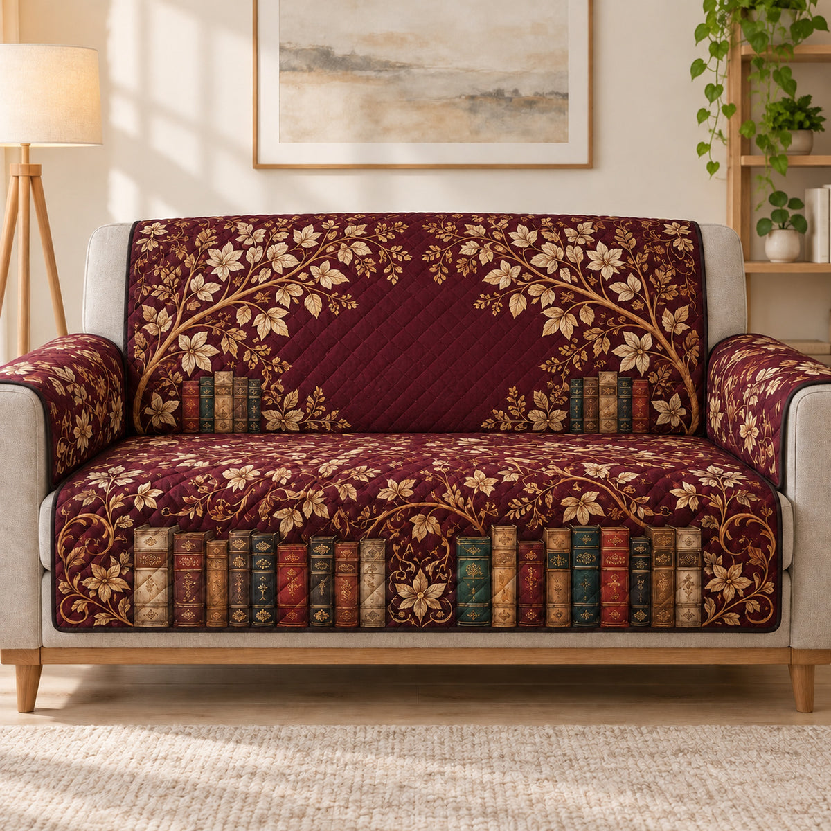 Bookish Botanical Sofa Cover, Burgundy Library Decor on a beige sofa, AI-generated concept mockup
