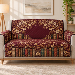 Bookish Botanical Sofa Cover, Burgundy Vintage Library Decor, Gift for Readers