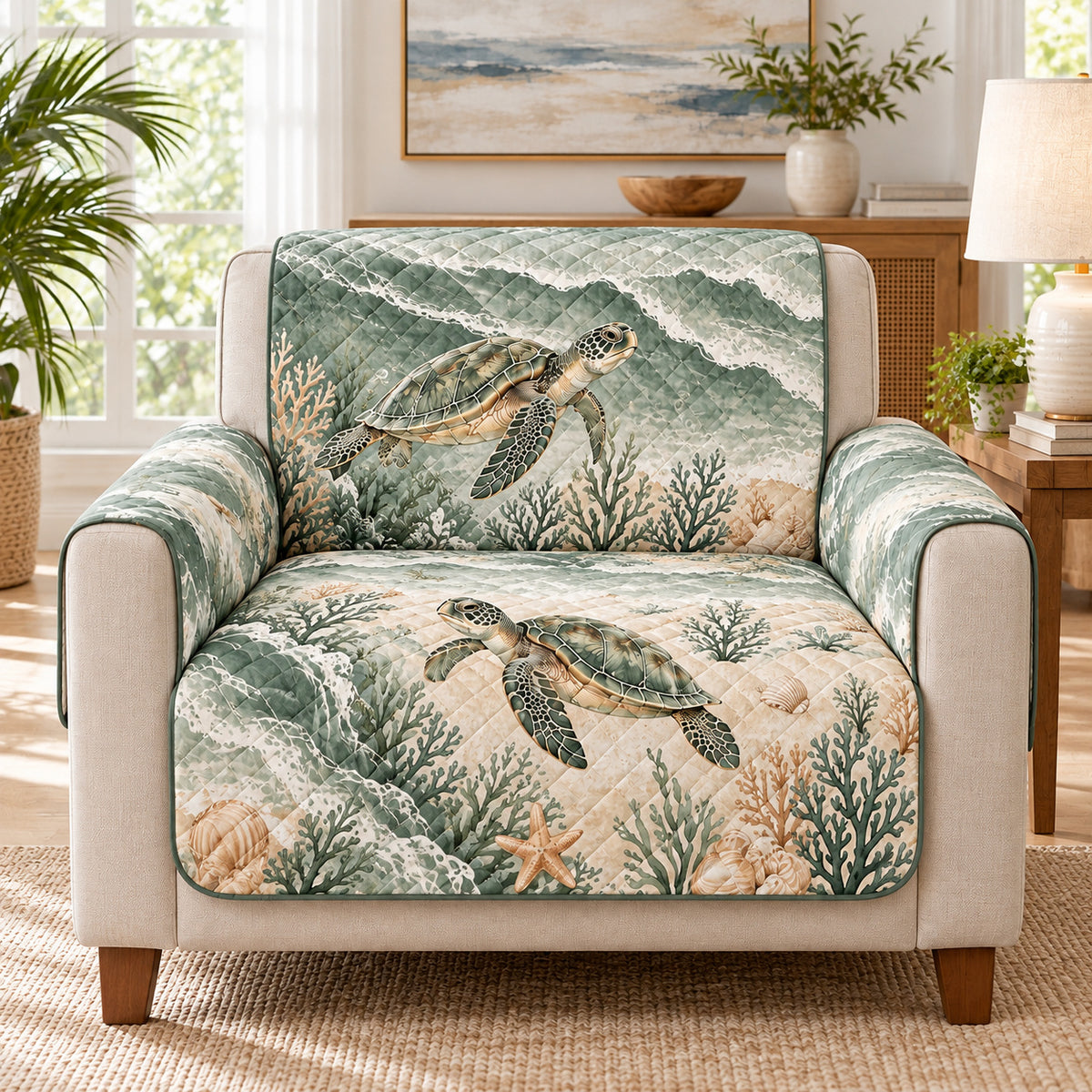Sea Turtle Sofa Cover, Soft Sage Coastal Decor on a beige armchair, size-adapted AI-generated concept mockup