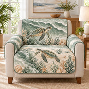 Sea Turtle Sofa Cover, Soft Sage Coastal Decor on a beige armchair, size-adapted AI-generated concept mockup