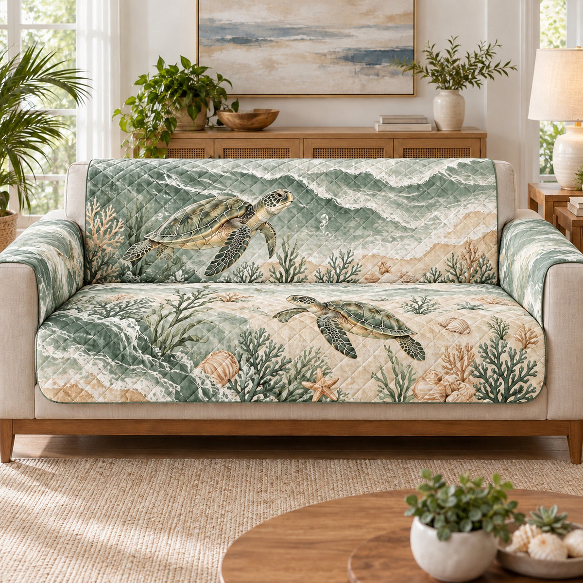 Sea Turtle Sofa Cover, Soft Sage Coastal Decor on a beige sofa, AI-generated concept mockup
