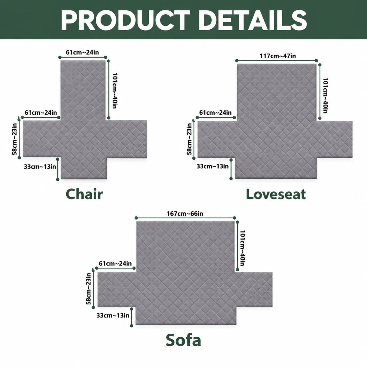 Sofa cover size guide, Chair, Loveseat and Sofa