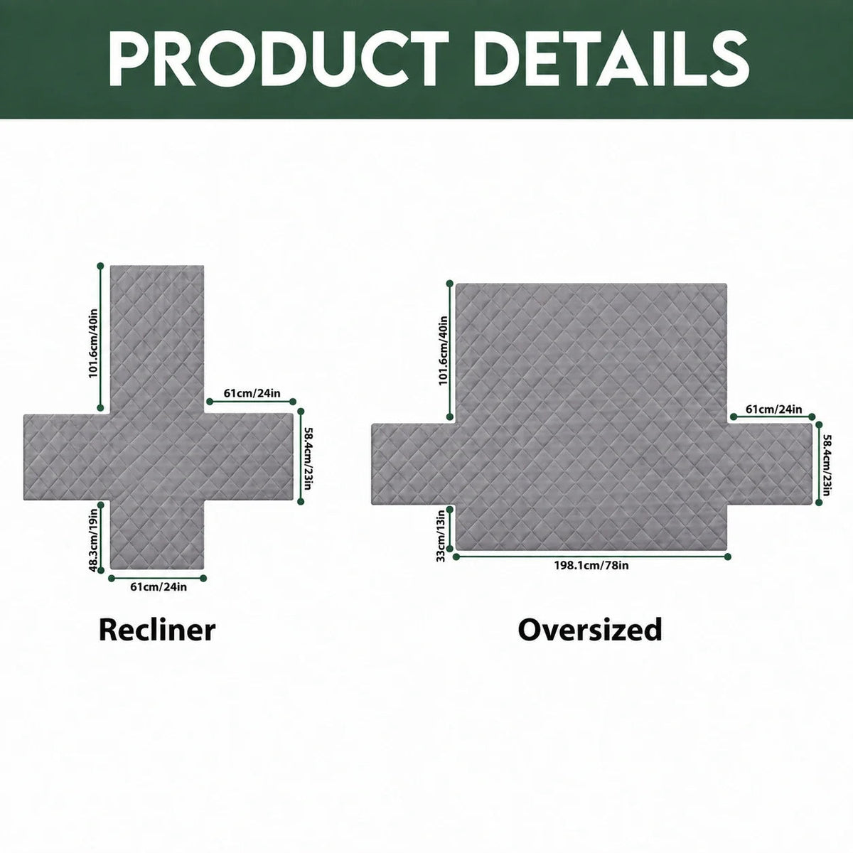 Sofa cover size guide, Recliner and Oversized