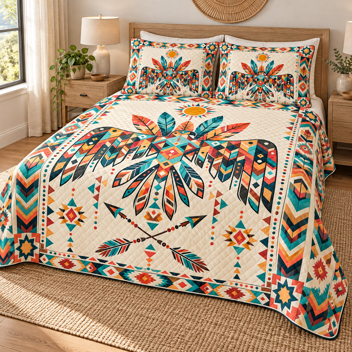 Sunrise Thunderbird quilt bedding set, hero view; AI-styled mockup