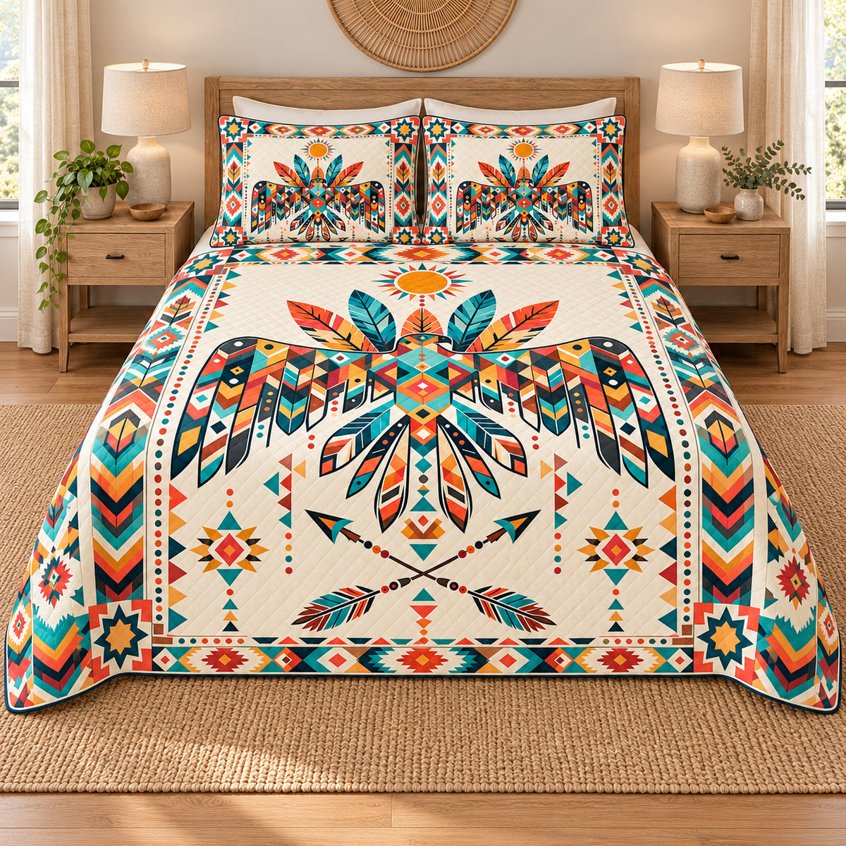 Sunrise Thunderbird quilt bedding set, front view; AI-styled mockup