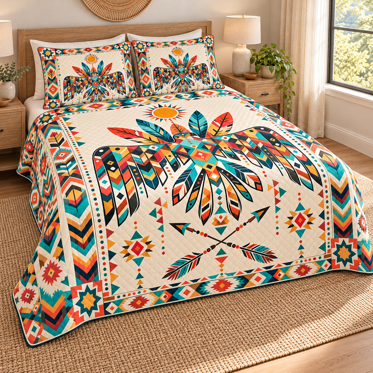 Sunrise Thunderbird quilt bedding set, opposite view; AI-styled mockup