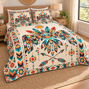 Sunrise Thunderbird quilt bedding set, opposite view; AI-styled mockup