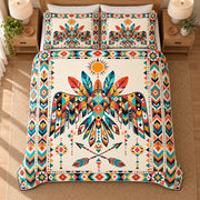 Sunrise Thunderbird quilt bedding set, overhead view; AI-styled mockup