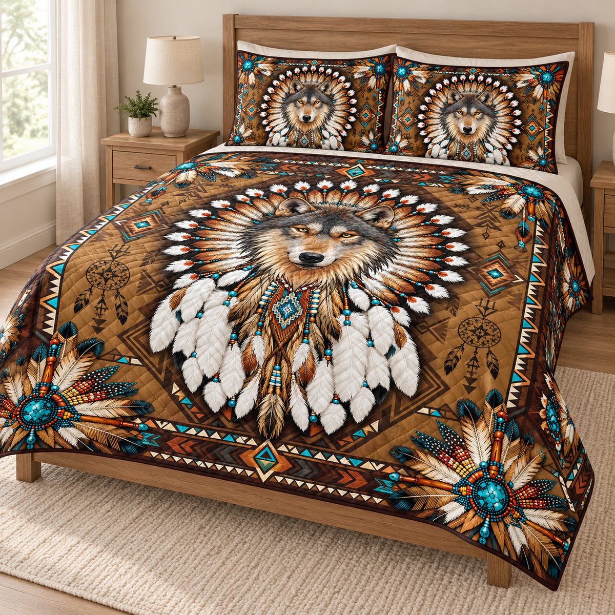 Timber Wolf Feather Halo quilt bedding set, hero view; AI-styled mockup