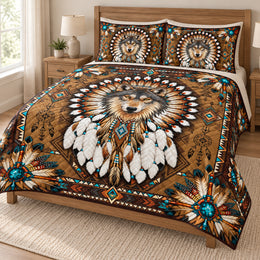 Timber Wolf Feather Quilt Bedding Set - Rustic Bedroom Decor & Wolf Lover Gift