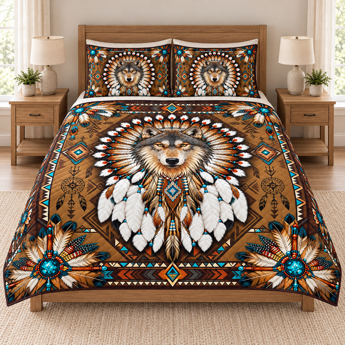 Timber Wolf Feather Halo quilt bedding set, front view; AI-styled mockup