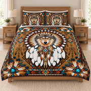 Timber Wolf Feather Halo quilt bedding set, front view; AI-styled mockup