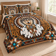Timber Wolf Feather Halo quilt bedding set, opposite view; AI-styled mockup