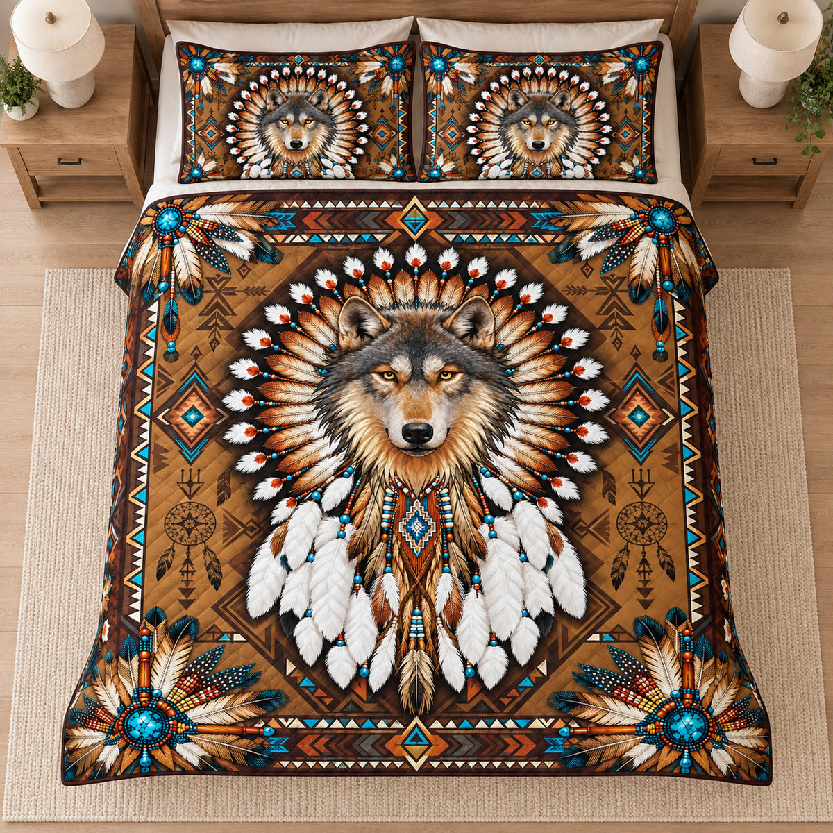 Timber Wolf Feather Halo quilt bedding set, overhead view; AI-styled mockup