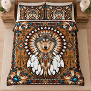Timber Wolf Feather Halo quilt bedding set, overhead view; AI-styled mockup