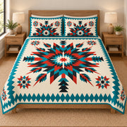 Turquoise Mesa Star quilt bedding set, front view; AI-styled mockup