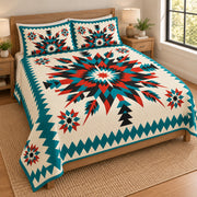 Turquoise Mesa Star quilt bedding set, opposite view; AI-styled mockup