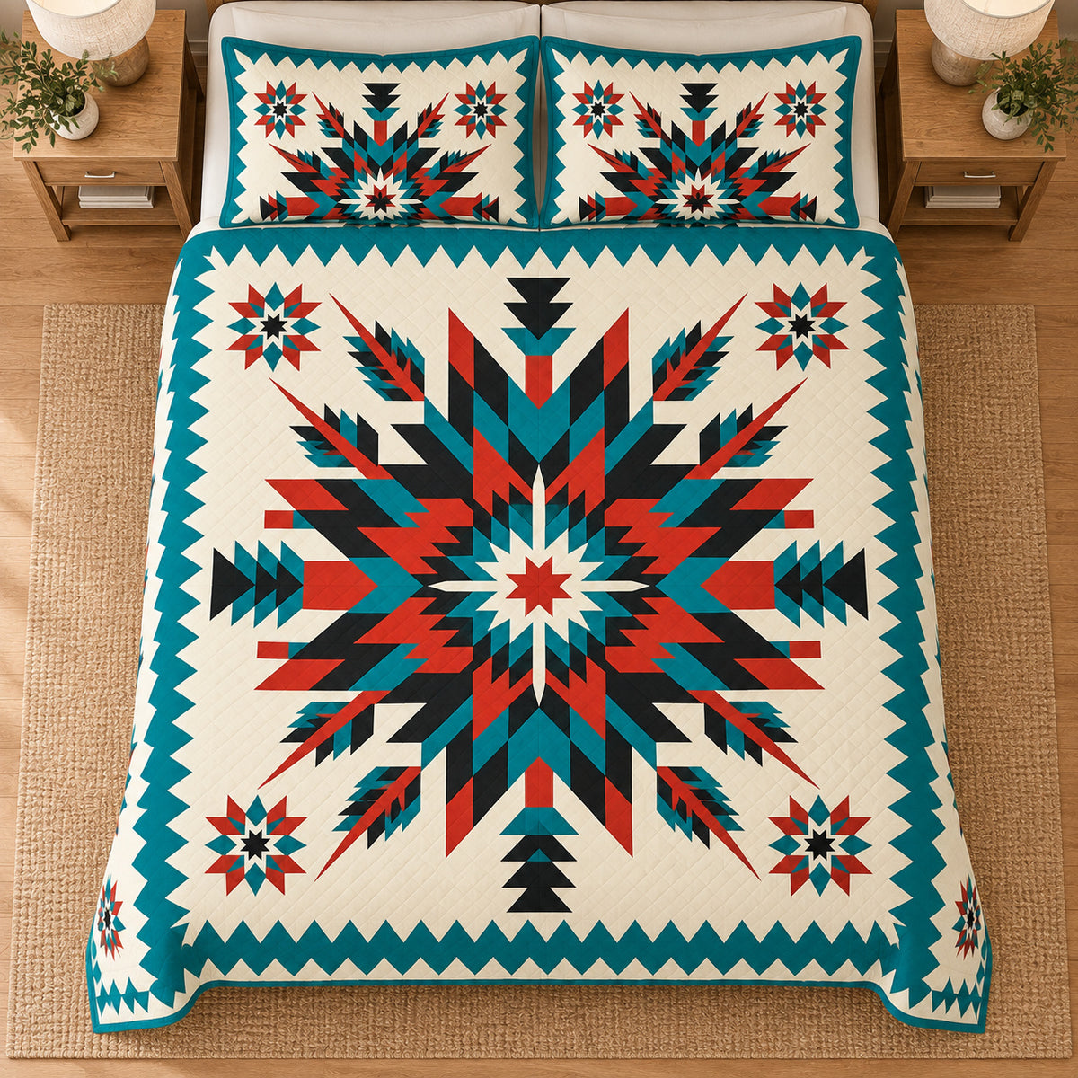 Turquoise Mesa Star quilt bedding set, overhead view; AI-styled mockup