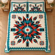 Turquoise Mesa Star quilt bedding set, overhead view; AI-styled mockup
