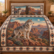 Wolf Canyon quilt set – moderate close-up of wolf artwork and canyon