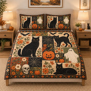 Halloween Black Cat Ghost quilt design with coordinating pillow shams