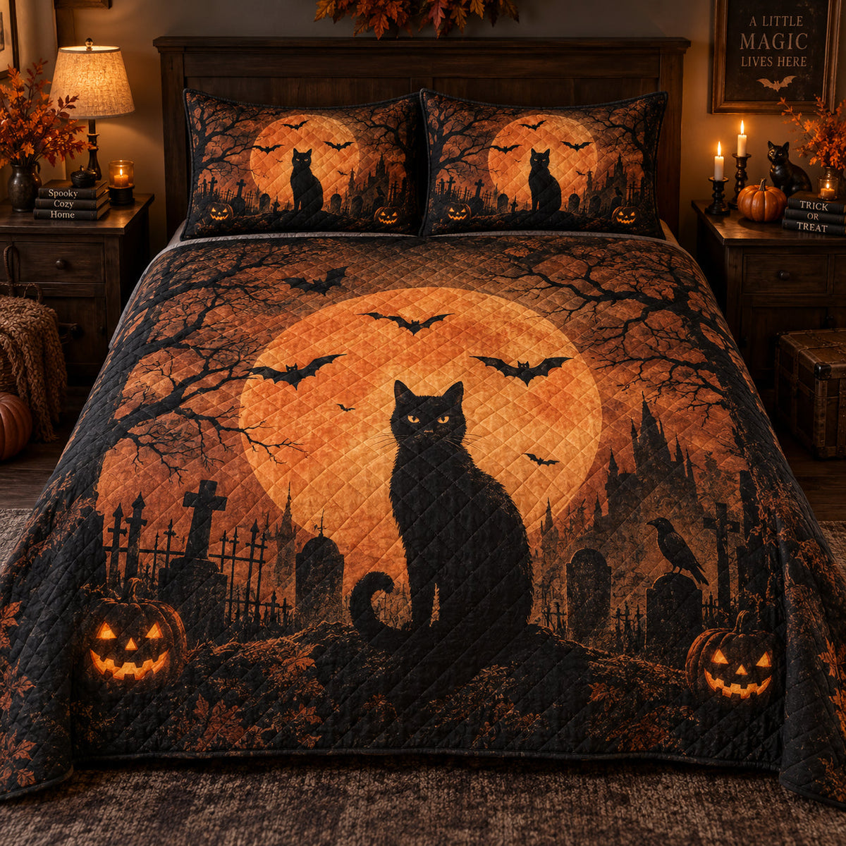 Halloween Black Cat Moon Quilt Set: bedroom mockup showing the quilt design and coordinating pillow shams