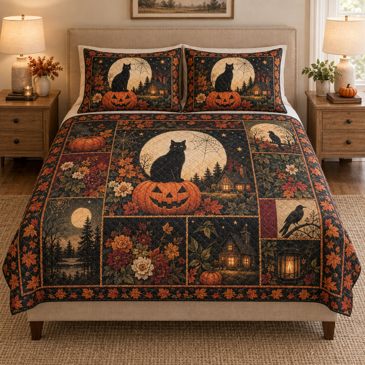 Halloween Black Cat Pumpkin quilt design with coordinating pillow shams