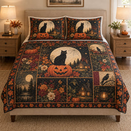 Halloween Black Cat Pumpkin Quilt Set