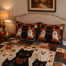 Halloween Black Cat Quilt Set Decor