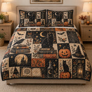 Vintage-inspired Halloween Black Cat Patchwork quilt design with coordinating pillow shams