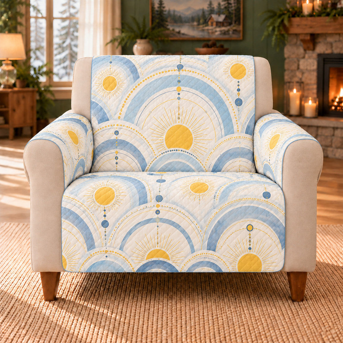 Halo Sun Circles sofa cover on a beige armchair