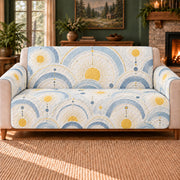 Halo Sun Circles sofa cover on a beige sofa