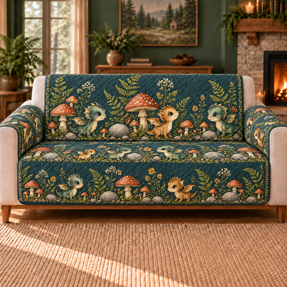 Hatchling Garden Trail sofa cover on a beige sofa