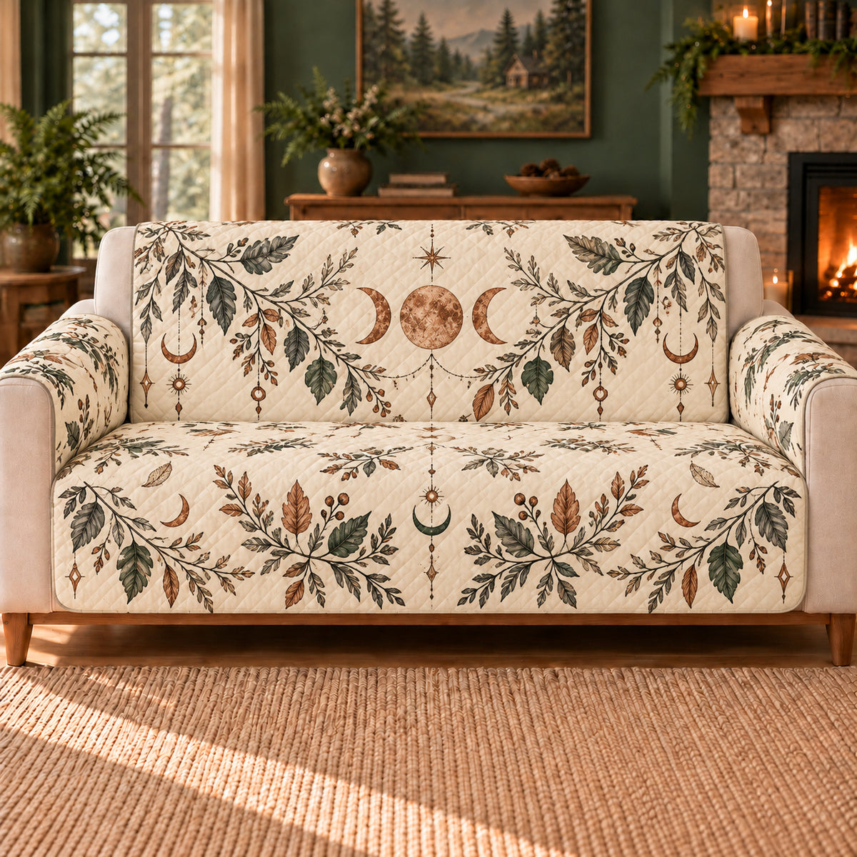 Herbal Moon Garlands sofa cover on a beige sofa