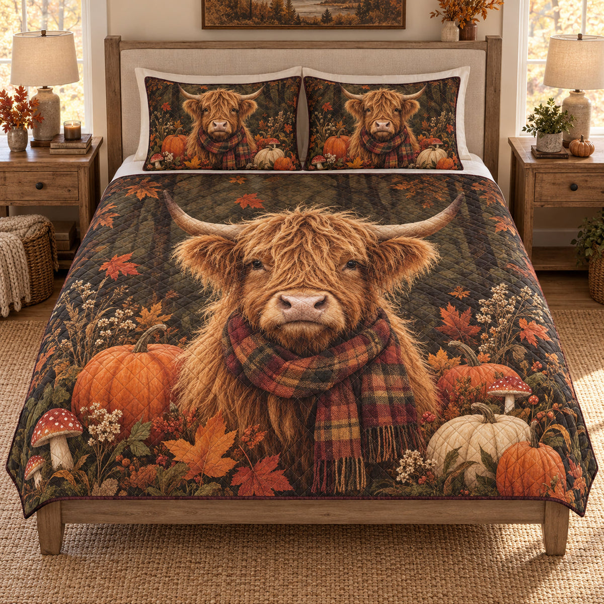 Highland Cow Autumn Pumpkin Quilt Set