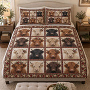 Highland Cow Christmas Plaid quilt design with coordinating pillow shams