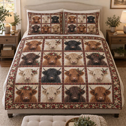 Highland Cow Christmas Plaid Quilt Set
