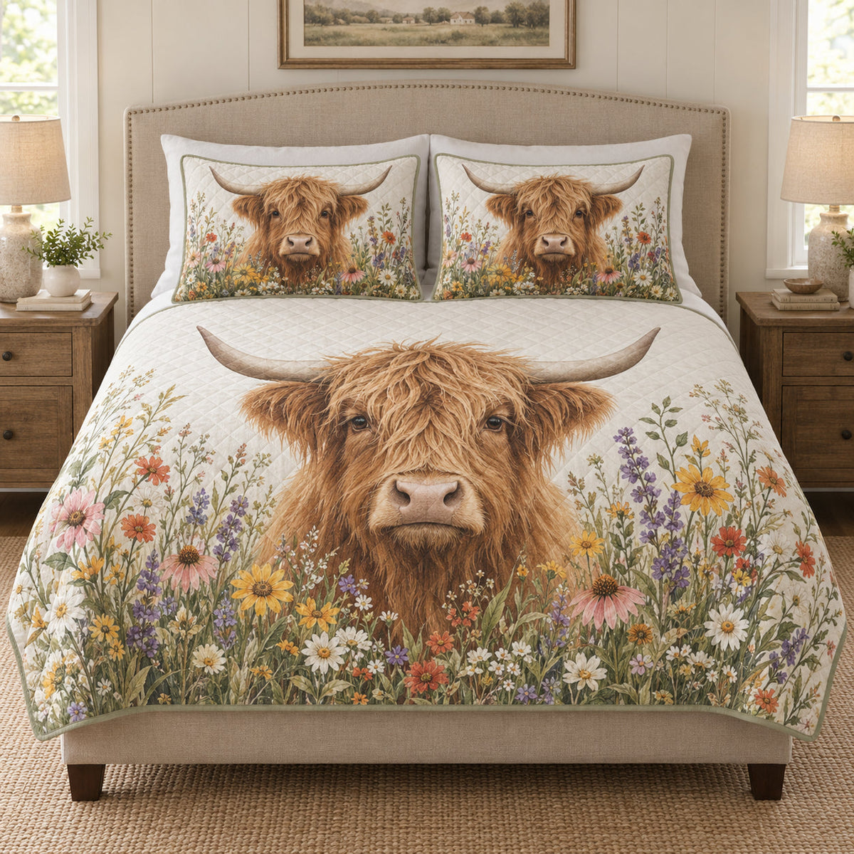 Highland Cow Floral Farmhouse quilt design with coordinating pillow shams