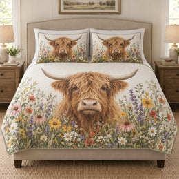 Highland Cow Floral Farmhouse Quilt Set