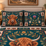 Matching Highland Cow and botanical folk art pillow shams