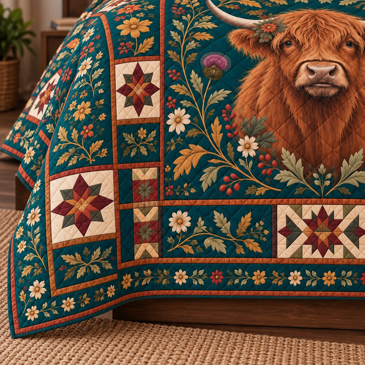 Highland Cow quilt border detail with botanical and heritage patchwork motifs